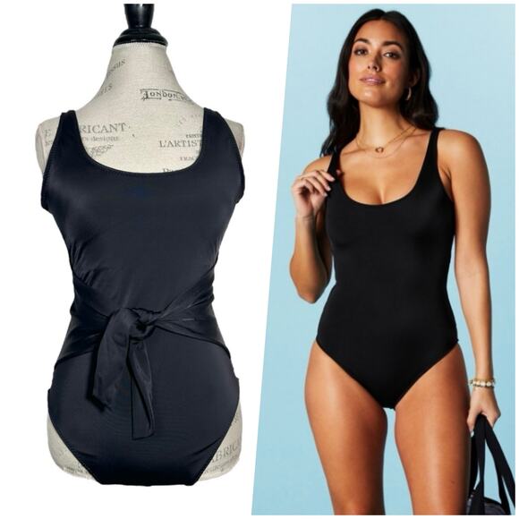 Fabletics | Women | Scoop Tie Back Shaping Black One Piece Swimsuit | Sz Large - Picture 1 of 15